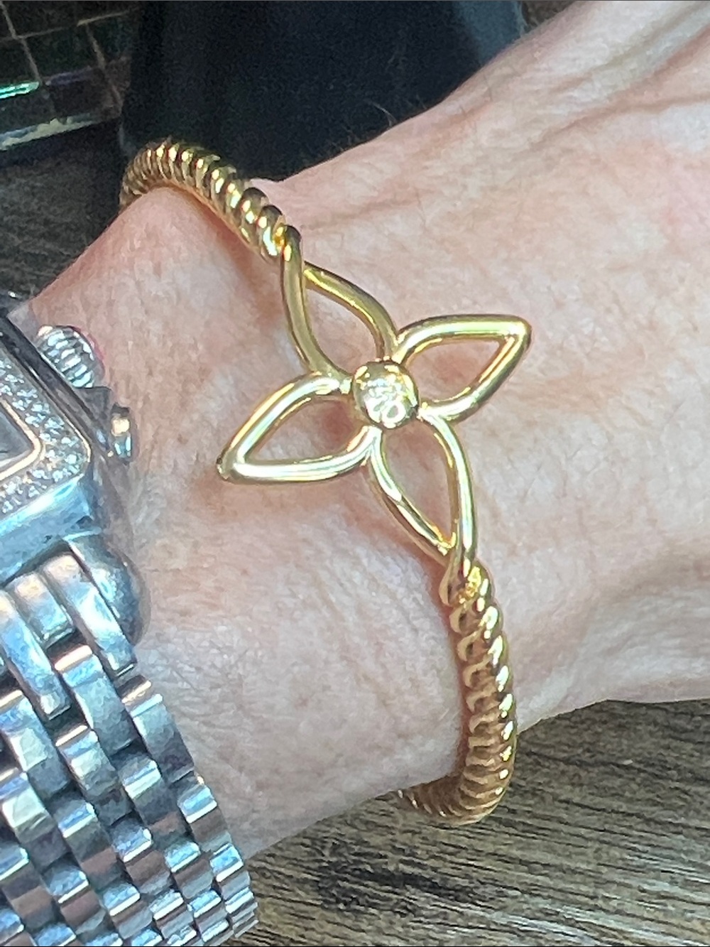 Gold-Tone Floral Motif Bangle Bracelet